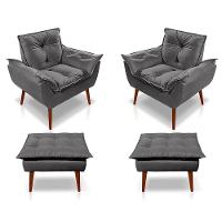 Kit C/02 Poltronas Opala + 02 Puff Opala Elegante Suede Cinza Escuro - 1