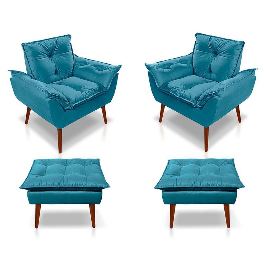 Kit C/02 Poltronas Opala + 02 Puffs Opala Elegante Suede Azul Tiffany - 1