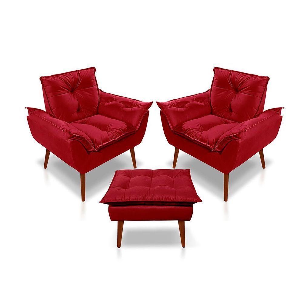 Kit C/2 Poltronas Opala + 01 Puff Opala Elegante Suede Vermelho - 1