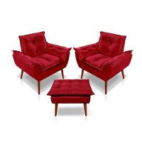 Kit C/2 Poltronas Opala + 01 Puff Opala Elegante Suede Vermelho - 1