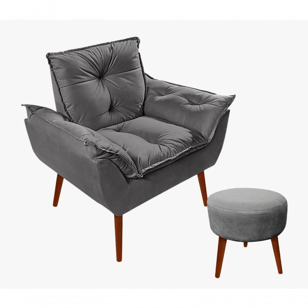 Kit C/01 Poltrona Opala + 01 Puff Redondo Danny Suede Cinza Escuro - 1