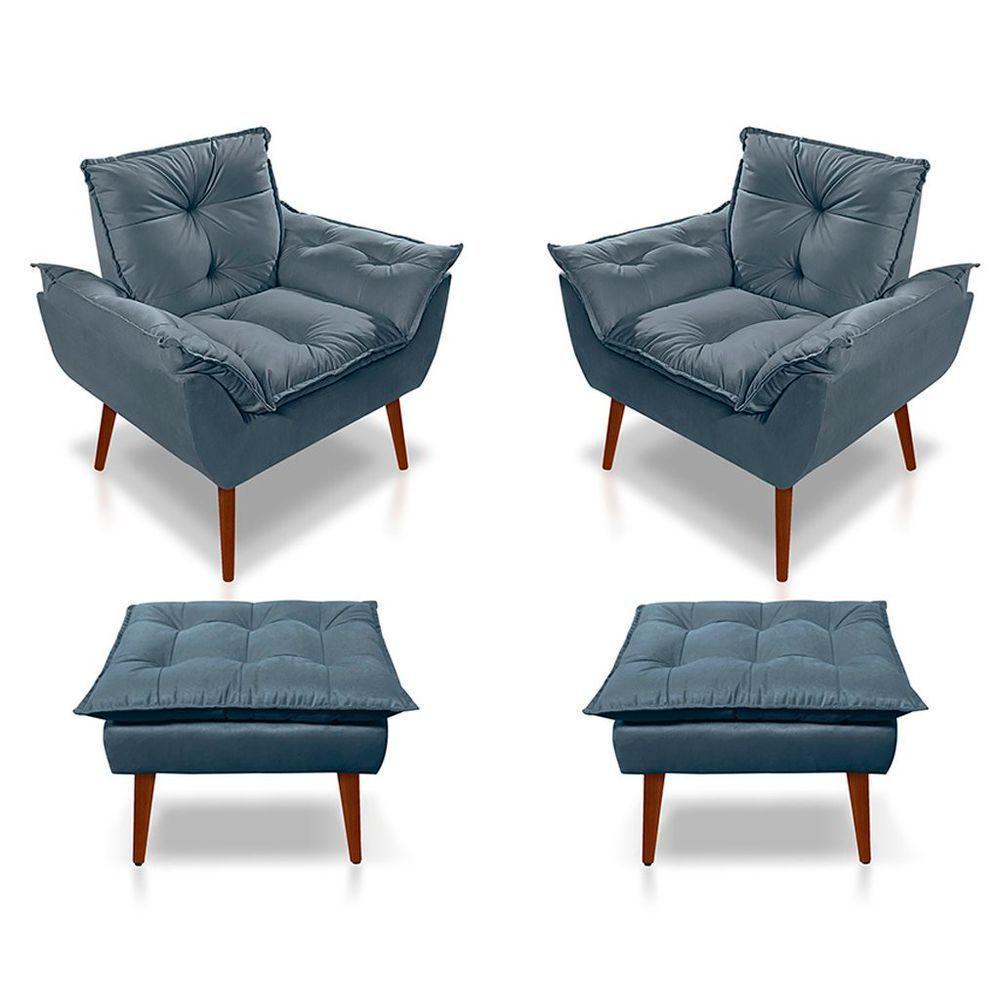 Kit C/02 Poltronas Opala + 02 Puffs Opala Elegante Suede Azul Turquesa - 1