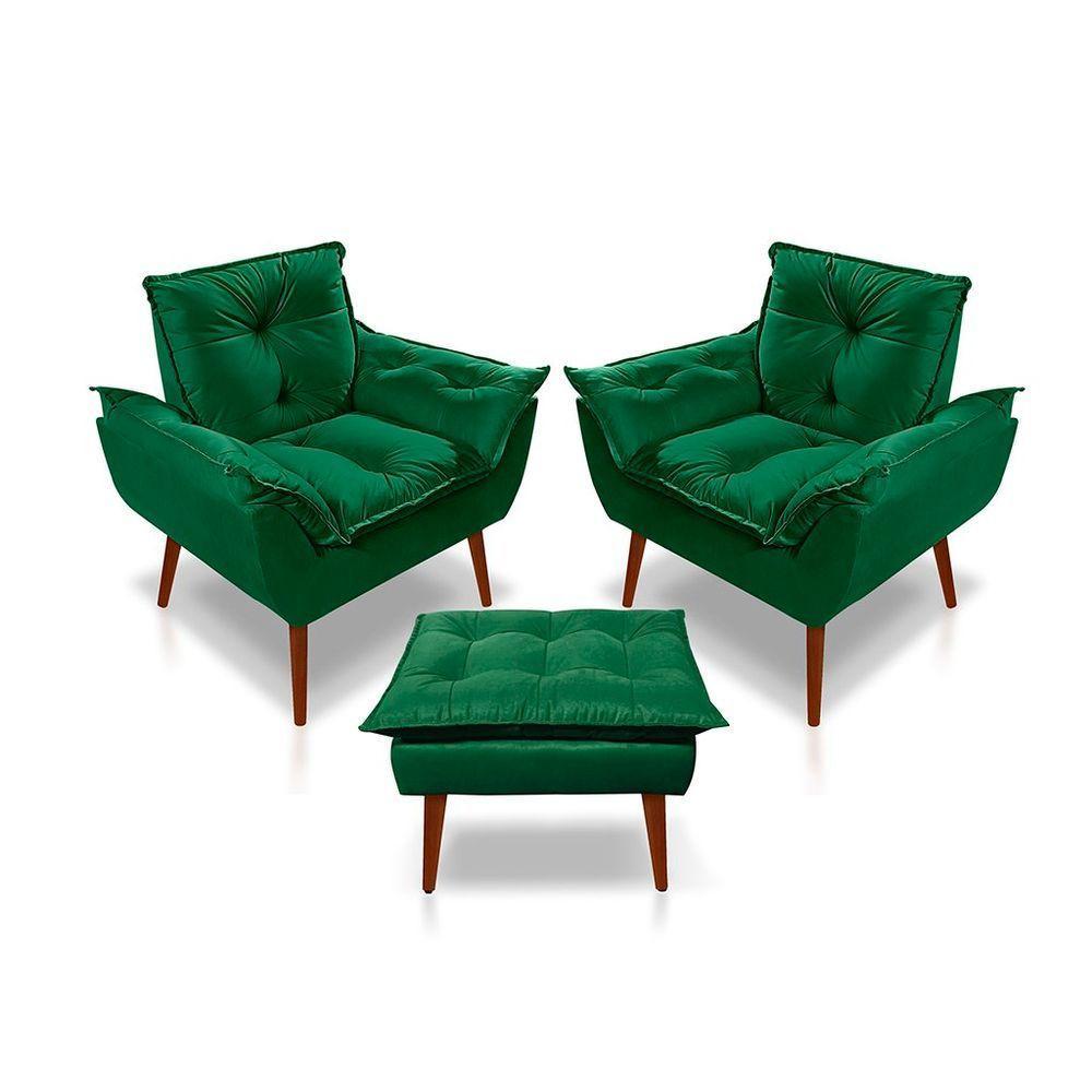 Kit C/2 Poltronas Opala + 01 Puff Opala Elegante Suede Verde - 1