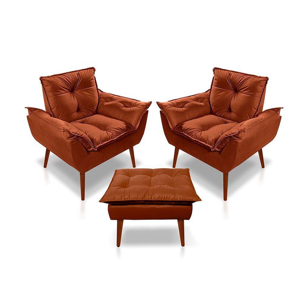 Kit C/2 Poltronas Opala + 01 Puff Opala Elegante Suede Terracota - 1