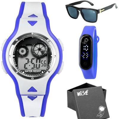 Relogio Digital Infantil Criança Led + Oculos Sol + Caixa Original Qualidade Premium Silicone Azul