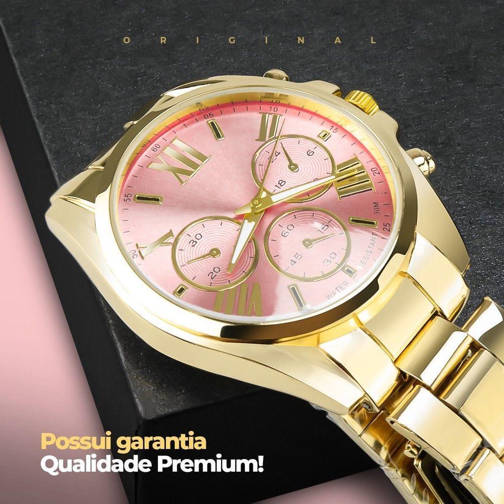 Relogio Banhado Prova Dagua Aço Feminino Qualidade Premium Casual Resistente Presente Original Rosa - 3