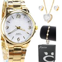 Relogio Feminino Dourado + Colar Aço Inox + Caixa Pulseira Casual Social Presente Qualidade Premim - 1
