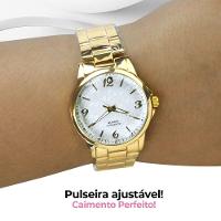 Relogio Feminino Dourado + Colar Aço Inox + Caixa Pulseira Casual Social Presente Qualidade Premim - 3