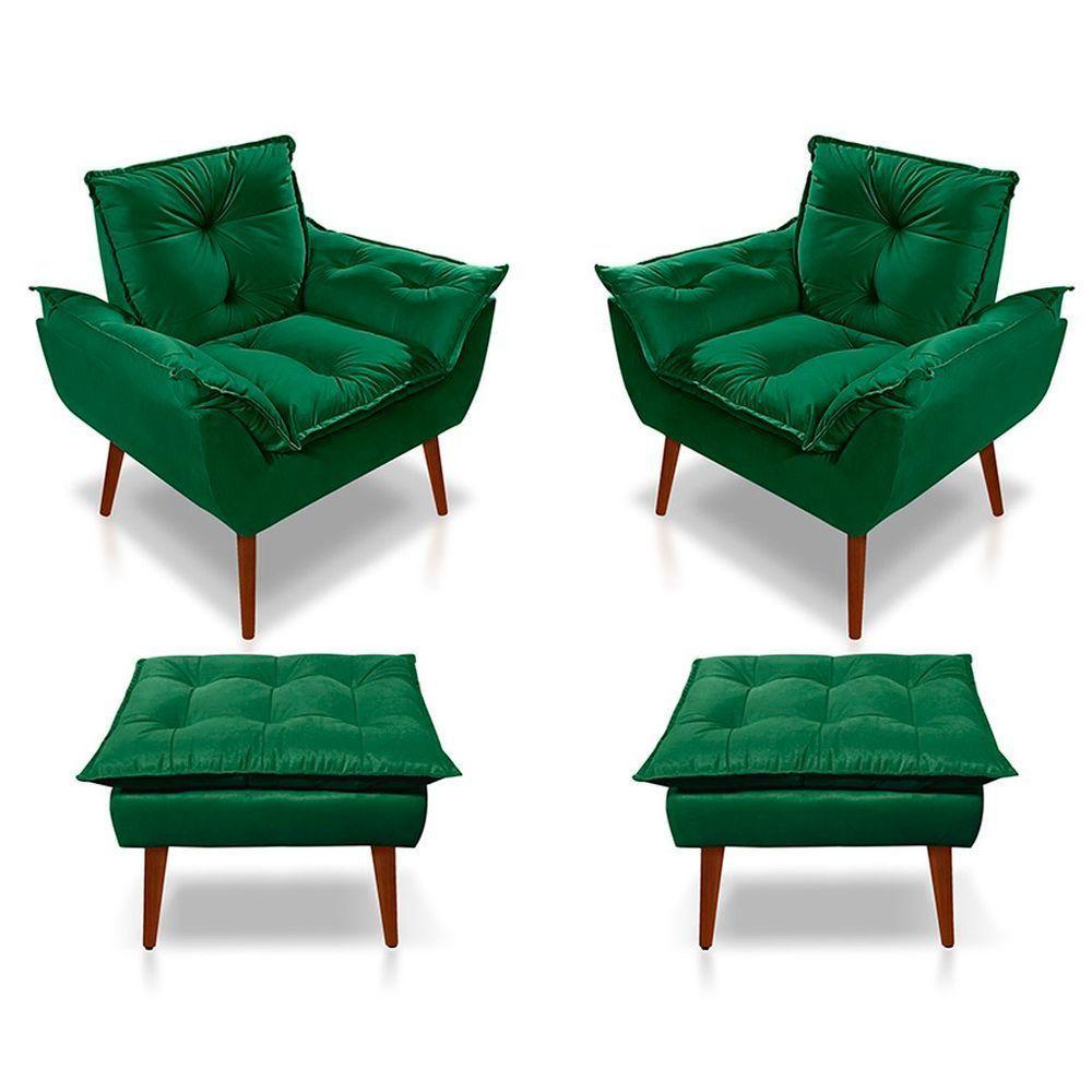Kit C/02 Poltronas Opala + 02 Puff Opala Elegante Suede Verde - 1