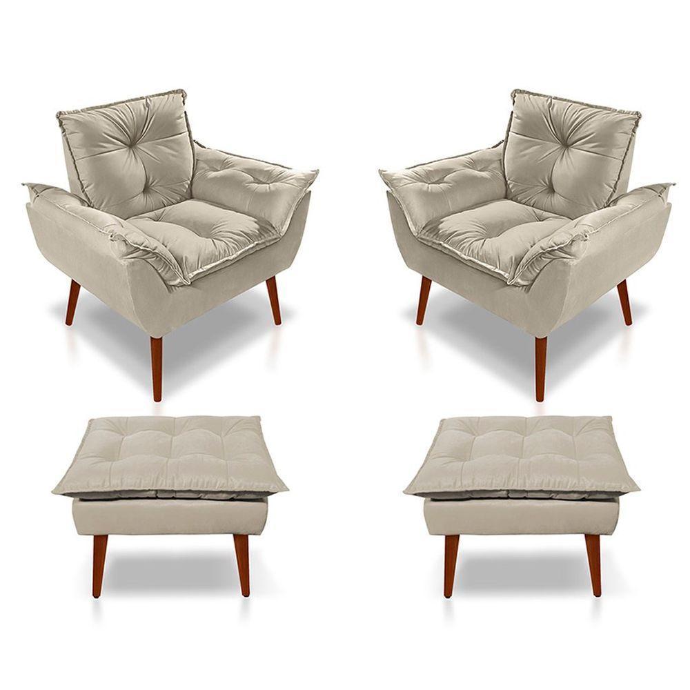 Kit C/02 Poltronas Opala + 02 Puff Opala Elegante Suede Bege - 1