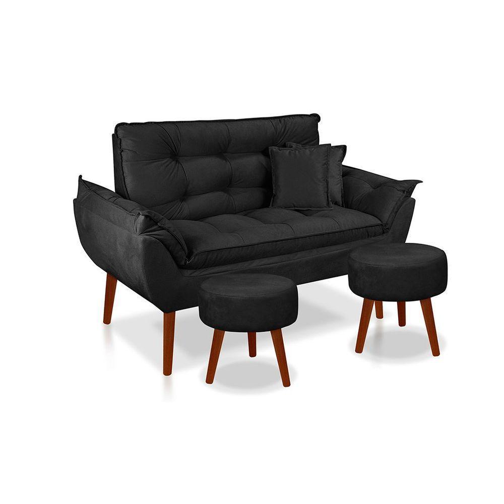 Kit C/ 01 Namoradeira Opala + 02 Puffs Redondo Danny + 02 Almofadas Suede Preto - 1