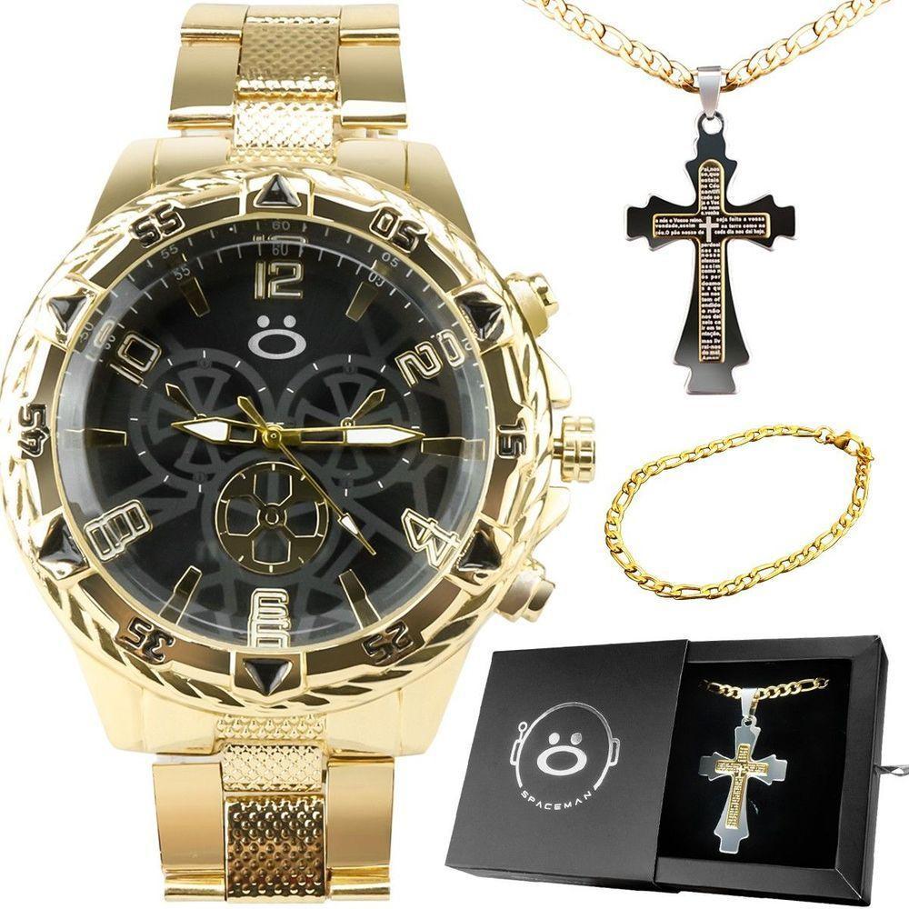 Relógio Masculino Aço Banhado + Pulseira + Cordão Crucifixo Dourado Inoxidável Casual Presente Preto - 1