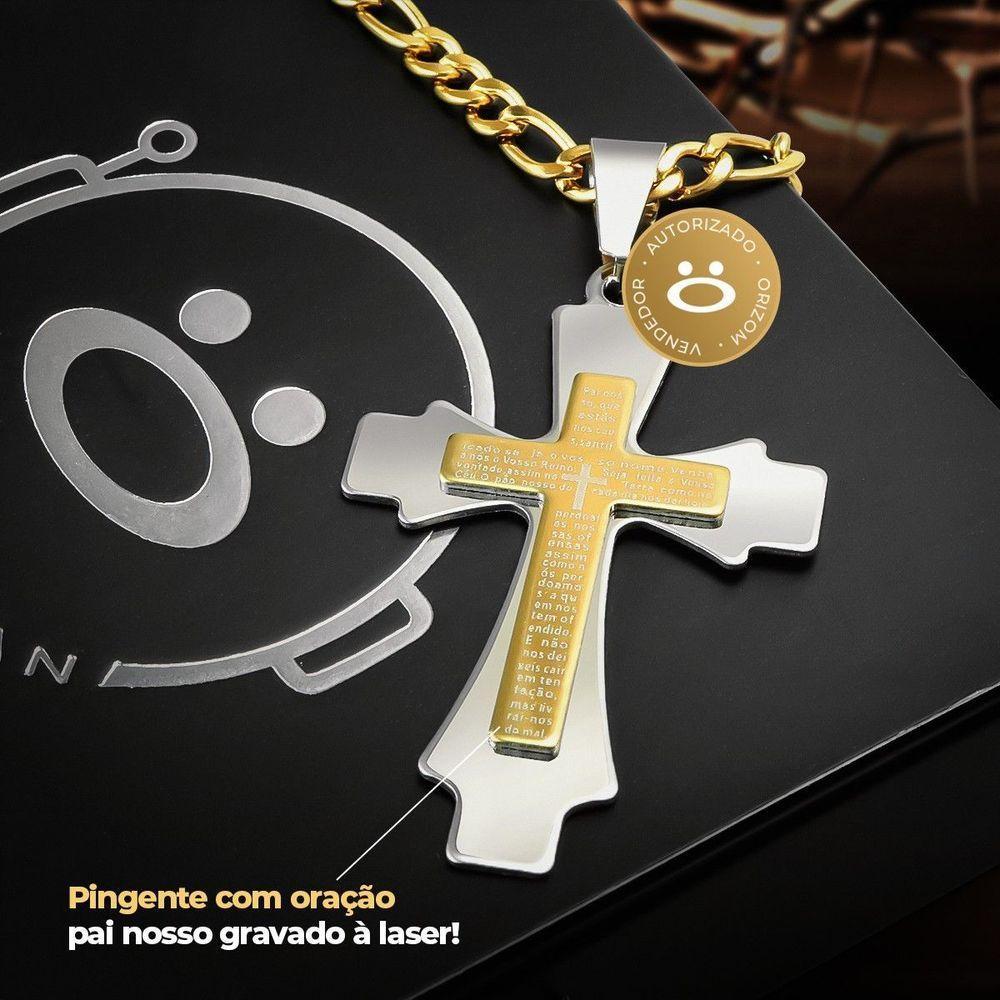 Relógio Masculino Aço Banhado + Pulseira + Cordão Crucifixo Dourado Inoxidável Casual Presente Preto - 4