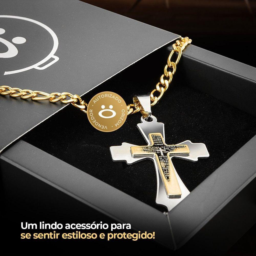 Relógio Masculino Aço Banhado + Pulseira + Cordão Crucifixo Dourado Inoxidável Casual Presente Preto - 8