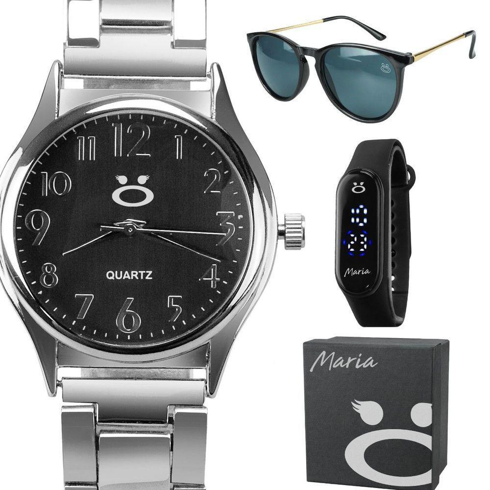 Relogio Feminino Prata Aço Inox + Oculos Proteção Uv + Caixa Qualidade Premium Casual Social Preto - 1