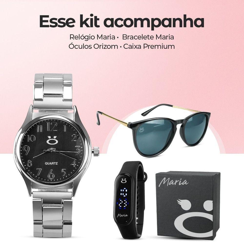 Relogio Feminino Prata Aço Inox + Oculos Proteção Uv + Caixa Qualidade Premium Casual Social Preto - 2