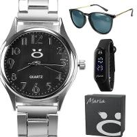Relogio Feminino Prata Aço Inox + Oculos Proteção Uv + Caixa Qualidade Premium Casual Social Preto - 1
