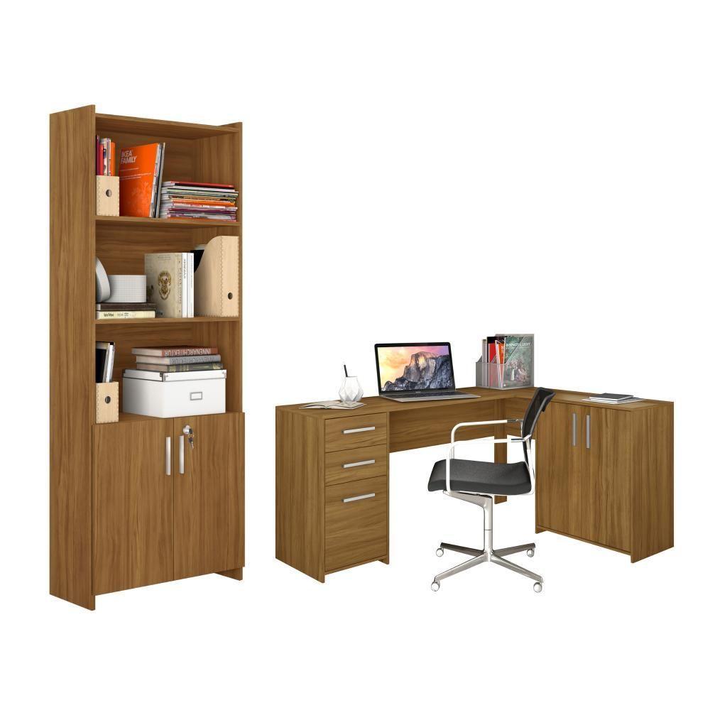 Conjunto Para Escritório 2 Peças Com Mesa De Canto Em L E Armário Freijó Notável Móveis Freijó - 1