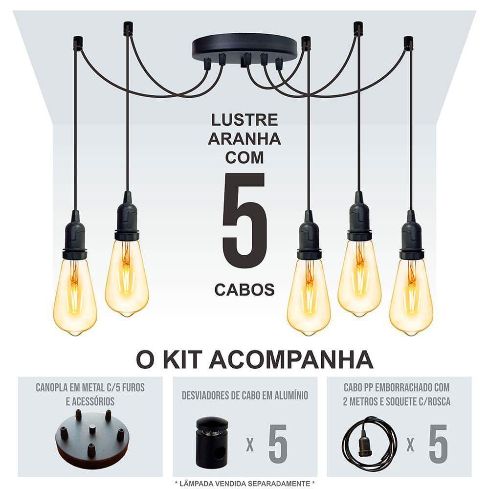 Lustre Aranha Com 5 Pendentes (2m Cabo Preto + Soquetes + Canopla) - 4
