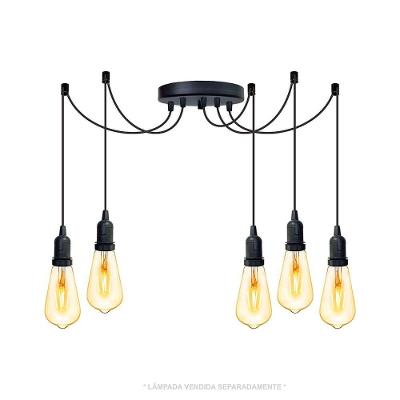 Lustre Aranha Com 5 Pendentes (2m Cabo Preto + Soquetes + Canopla)