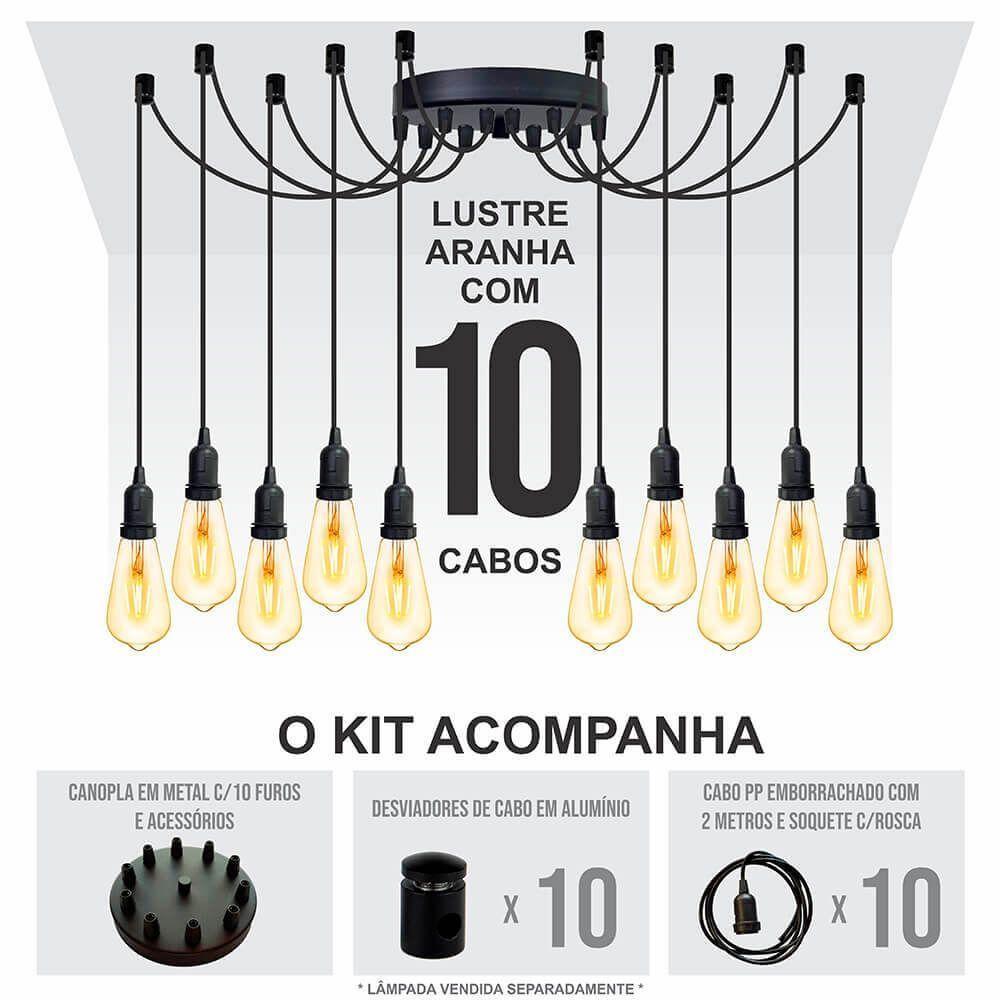 Lustre Aranha Com 10 Pendentes (2m Cabo Preto+ Soquetes + Canopla) - 7
