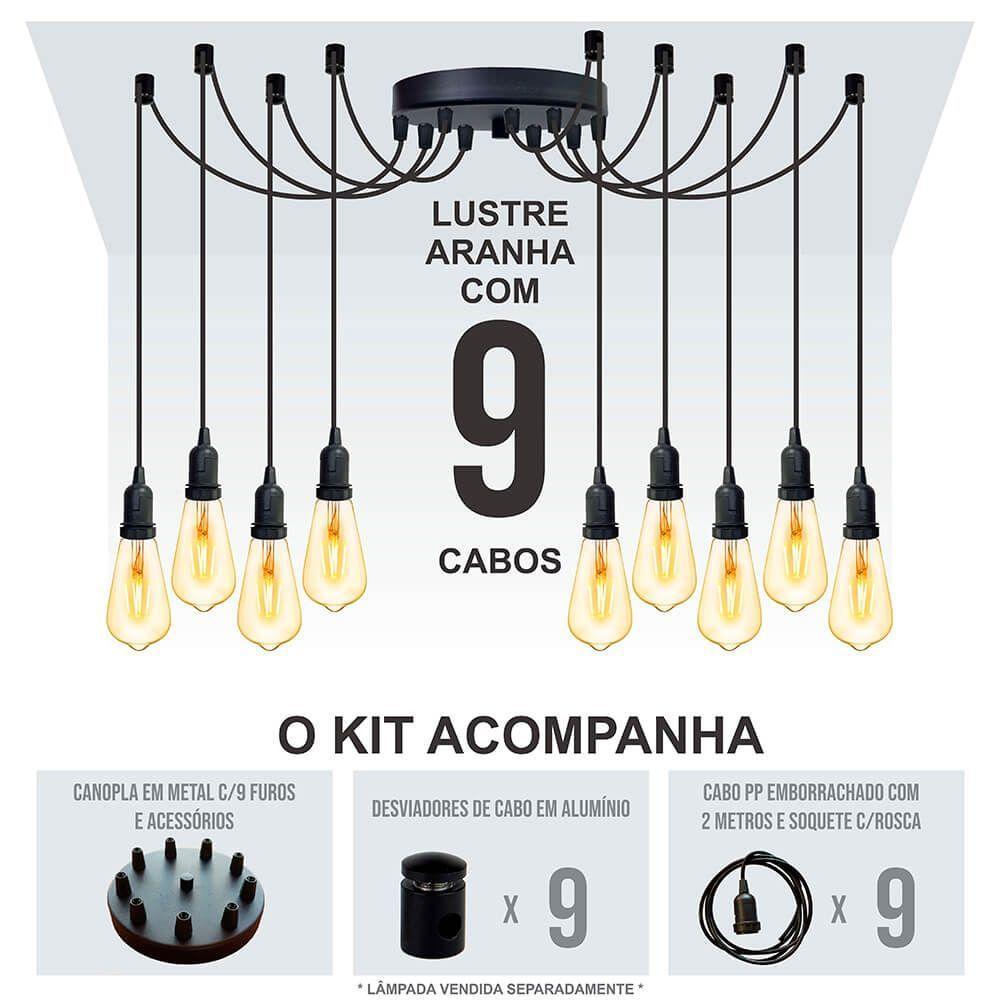 Lustre Aranha Com 9 Pendentes (2m Cabo Preto+ Soquetes + Canopla) - 3