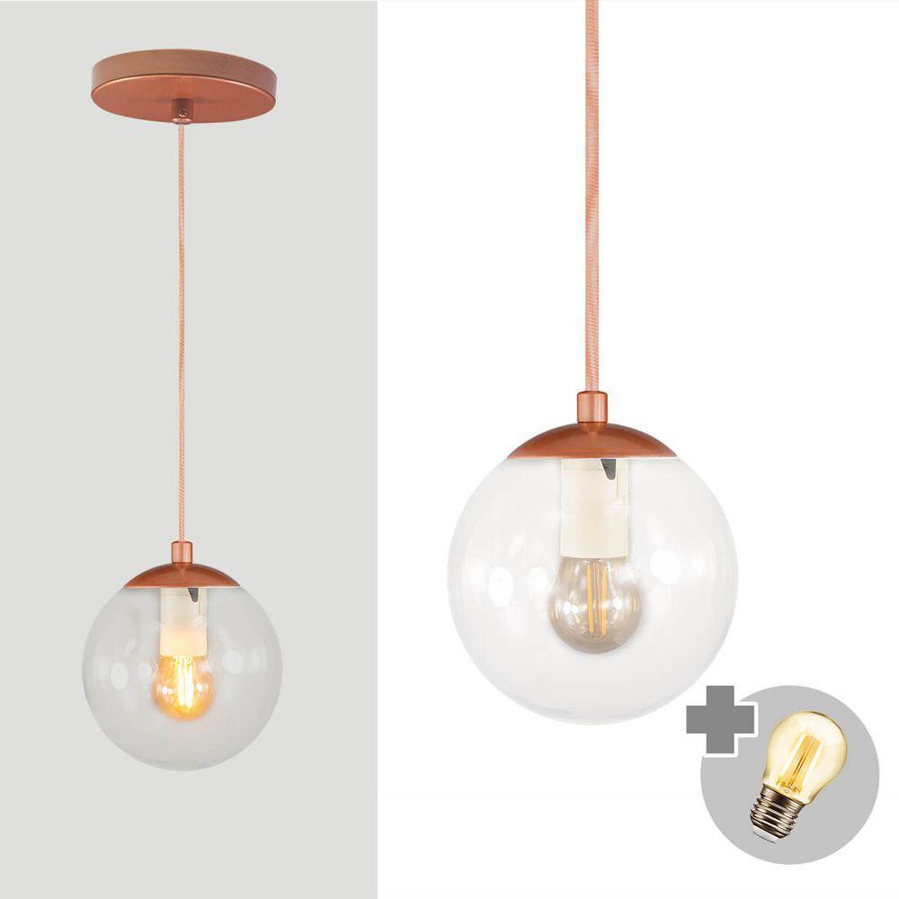 Pendente Bronze C/ Globo De Vidro Cristal De 14cm + Led 2w - 1