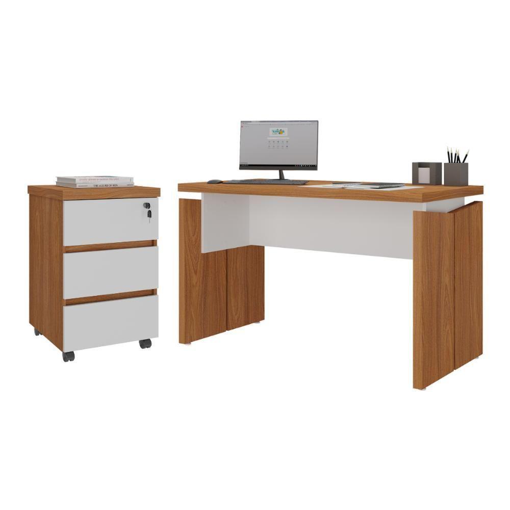 Conjunto De Mesa Em L E Gaveteiro Arara Freijó Branco - 1