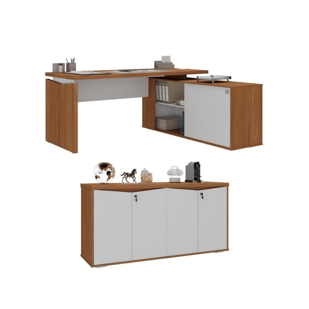 Mesa Em L Joinville E Balcão 4 Portas Freijó Branco - 1