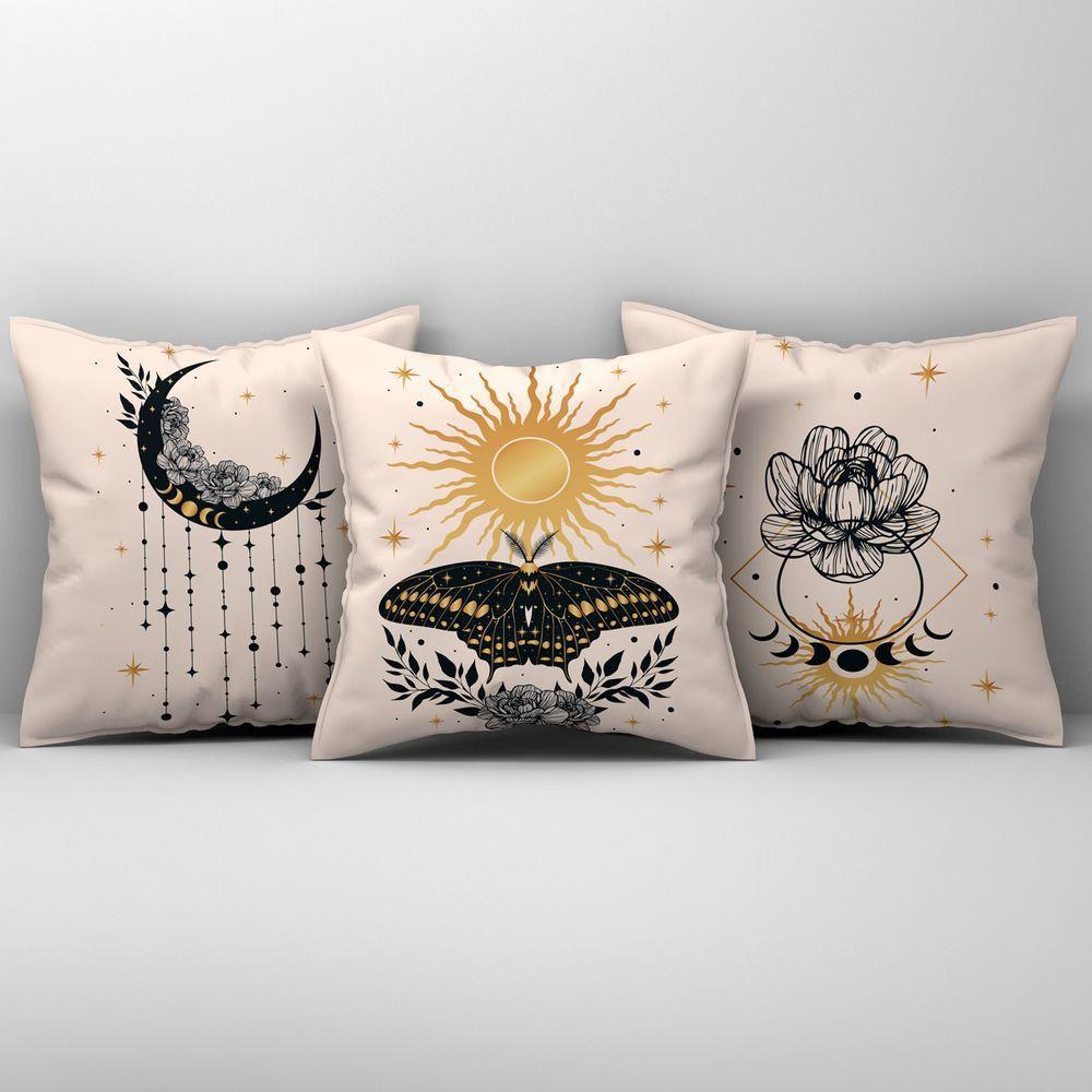 Kit Trio De Almofadas Cheias Fases Da Lua Estampadas Em Veludo Suede 45cm X 45cm Cor Bege - 1