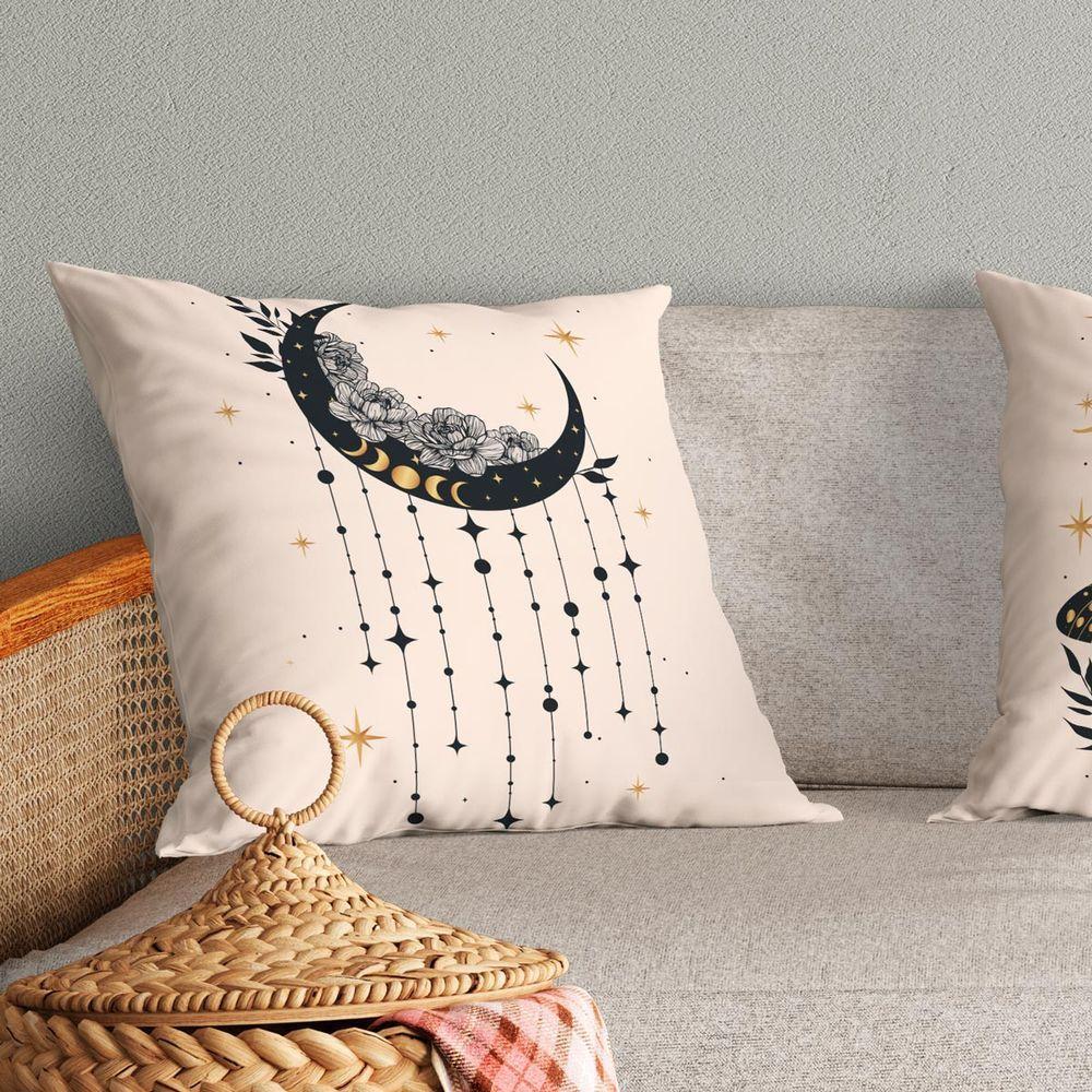 Kit Trio De Almofadas Cheias Fases Da Lua Estampadas Em Veludo Suede 45cm X 45cm Cor Bege - 4
