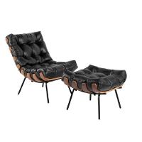 Kit Poltrona Costela Com Puff Para Sala Couro Puro Preto - 1