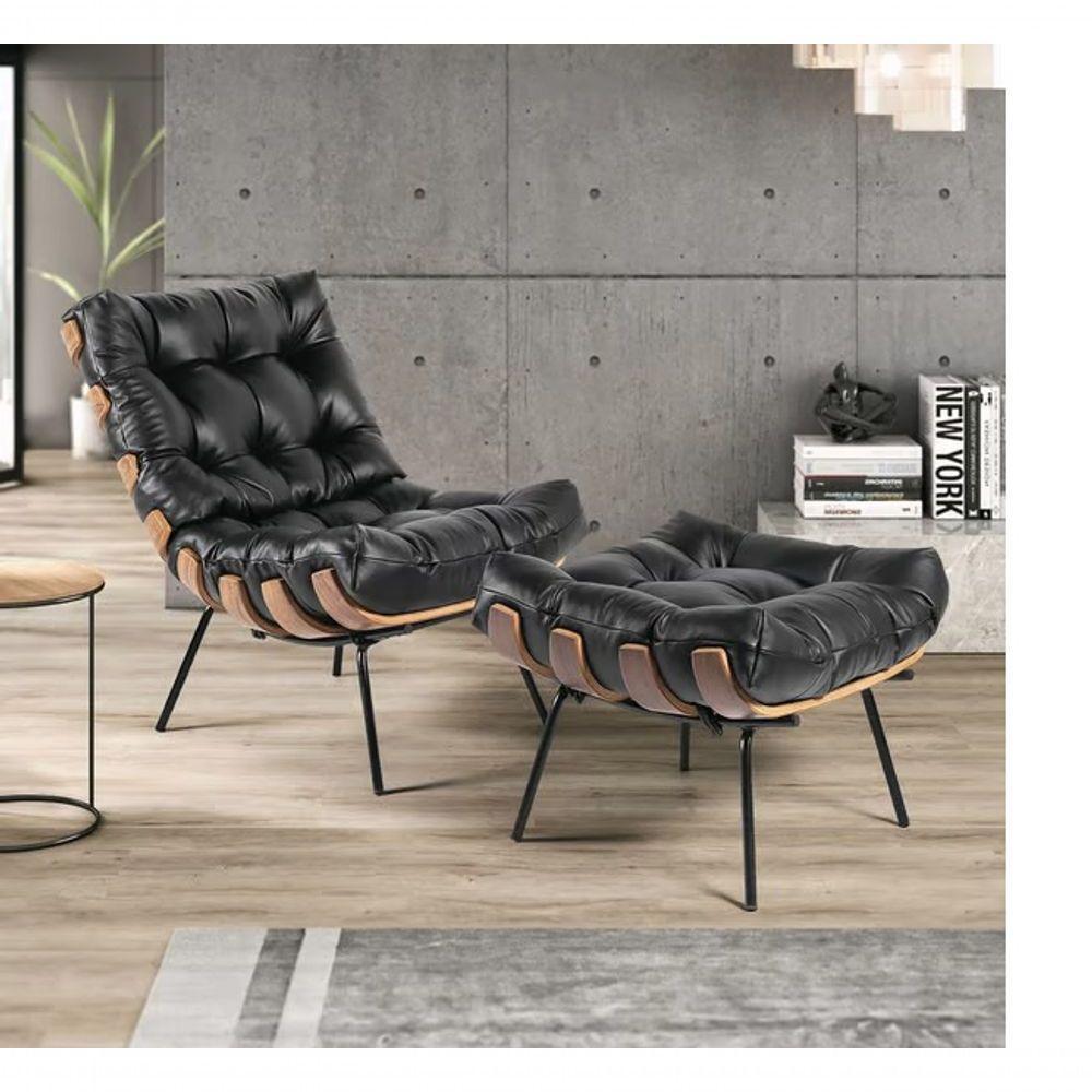Kit Poltrona Costela Com Puff Para Sala Couríssimo Preto - 3