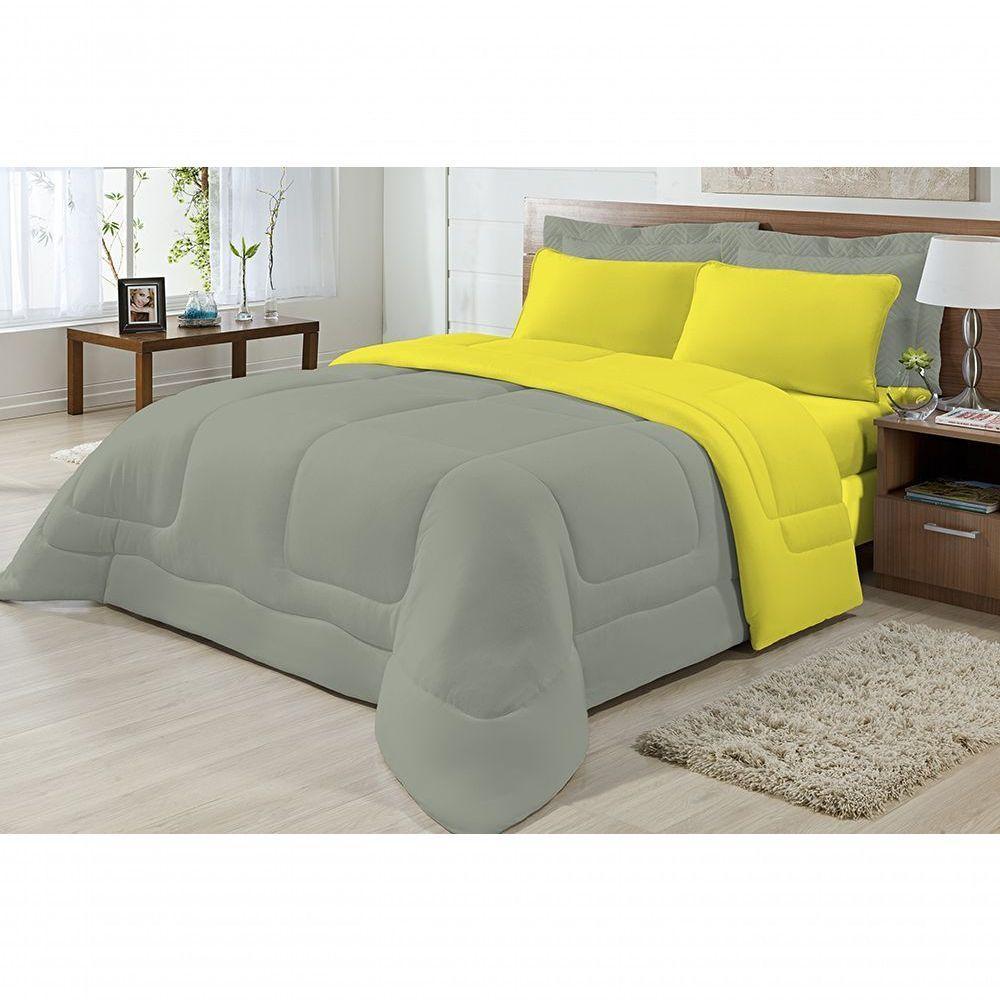 Edredom Dupla Face 100% Algodão Malha King Gran Moratta 01 Peça - Cinza/amarelo - 2