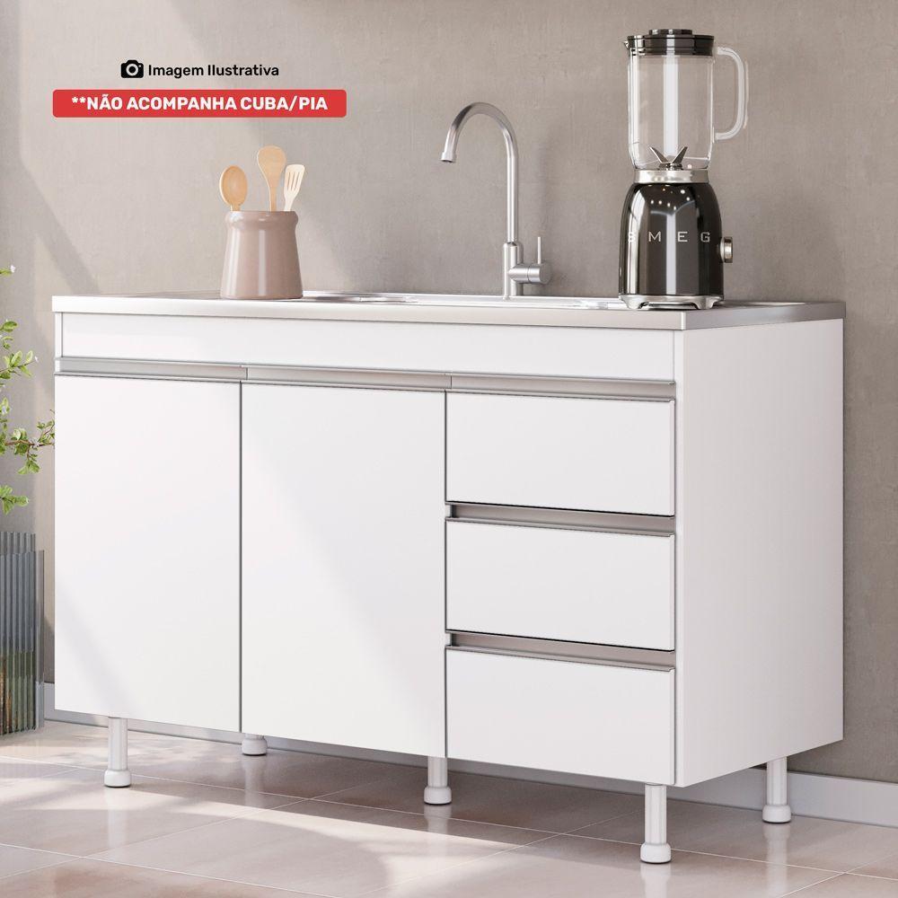 Balcão Gabinete Lux Para Pia De 120cm 100% Mdf Com Tampo 02 Portas E 03 Gavetas Branco - Desk Design - 4