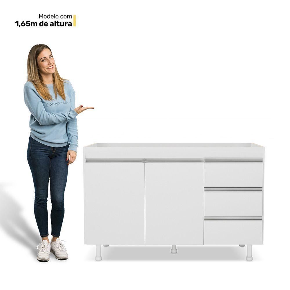 Balcão Gabinete Lux Para Pia De 120cm 100% Mdf Com Tampo 02 Portas E 03 Gavetas Branco - Desk Design - 10