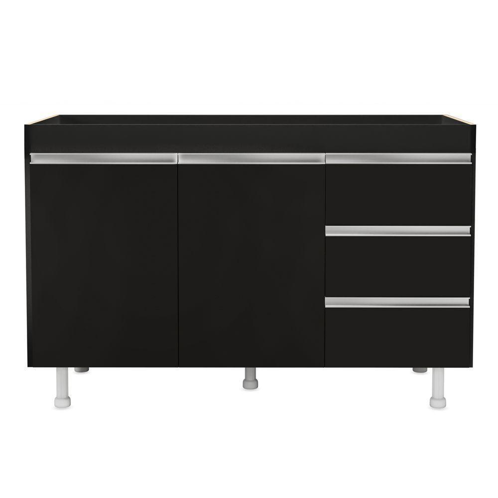 Balcão Gabinete Lux Para Pia De 120cm 100% Mdf Sem Tampo 02 Portas E 03 Gavetas Preto - Desk Design - 4