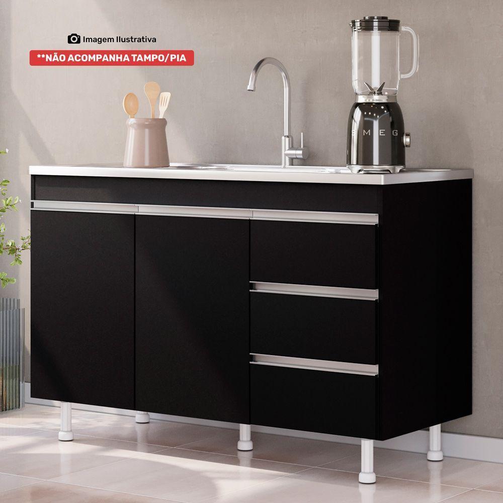 Balcão Gabinete Lux Para Pia De 120cm 100% Mdf Sem Tampo 02 Portas E 03 Gavetas Preto - Desk Design - 8