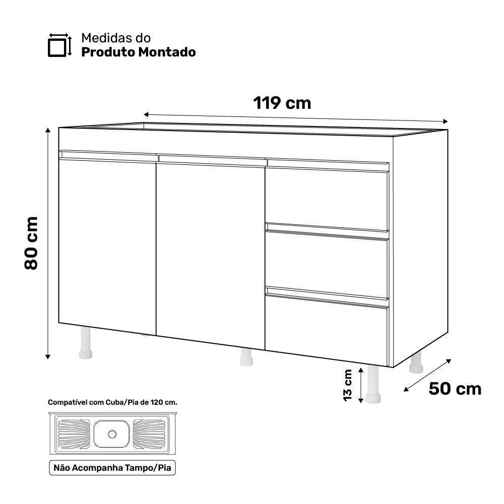 Balcão Gabinete Lux Para Pia De 120cm 100% Mdf Sem Tampo 02 Portas E 03 Gavetas Preto - Desk Design - 10