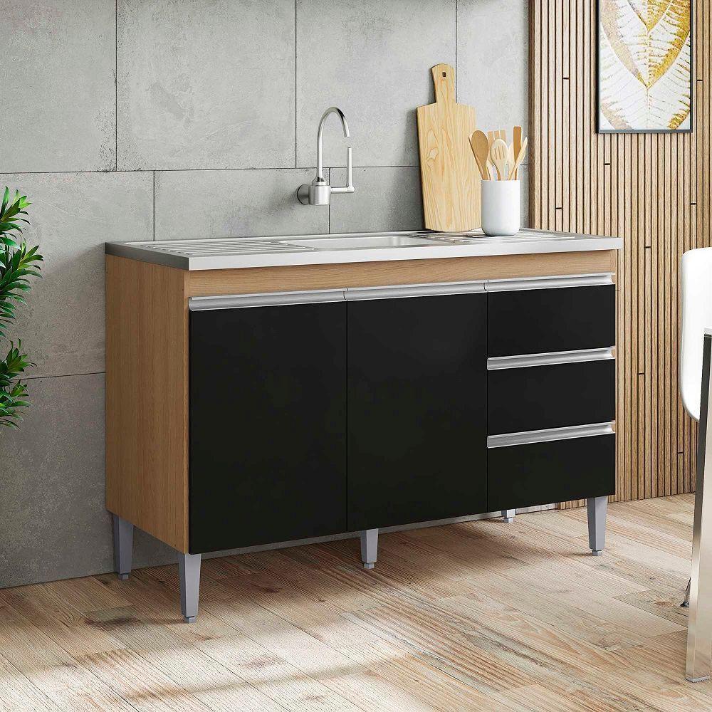 Balcão Gabinete De Pia Andréia 100cm Amendoa/preto S/ Tampo - Ajl Móveis - 3