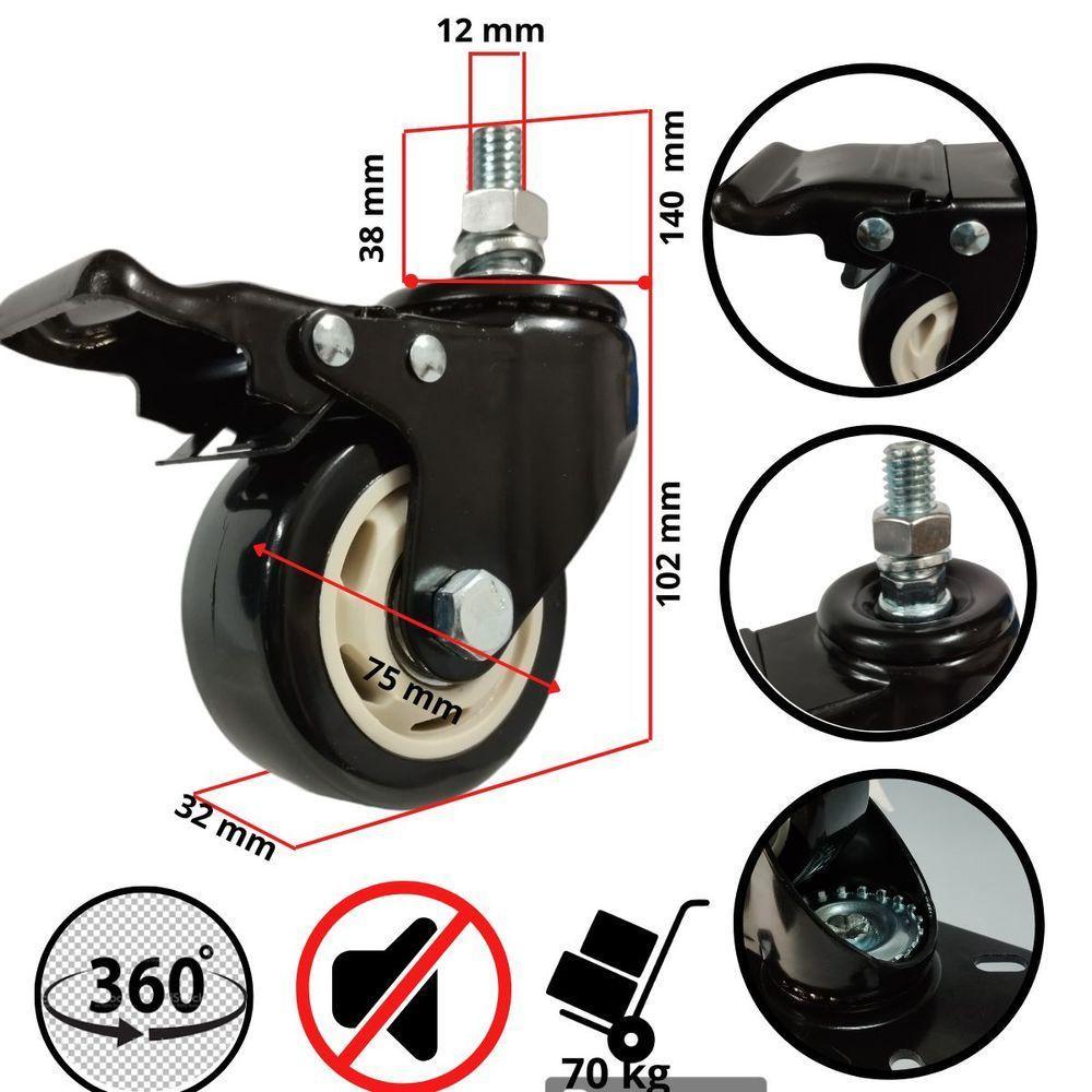 2 Rodizio Giratório 3 Pol. Com Parafuso E Freio Preto 70kg Cada - 3