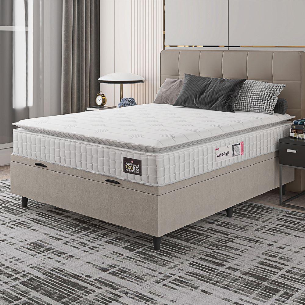 Cama Box Baú Colchão Casal Espuma D33 Vangogh Pillow Top 138x188x70cm Branco-Bege Hellen Suporta até 120kg por Pessoa - 6