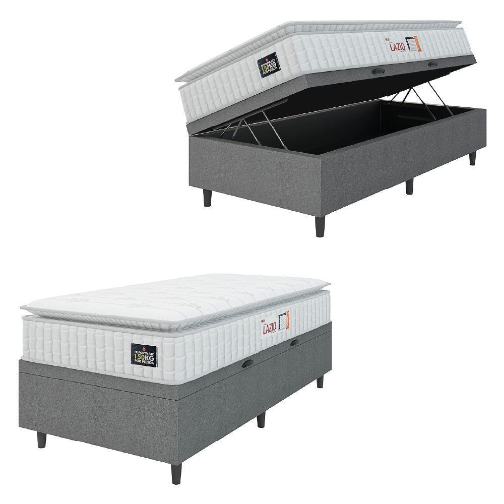 Cama Box Baú Colchão Solteiro Espuma D45 Lazio Pillow Top 88x188x70cm Branco-Cinza Hellen Suporta até 120kg por Pessoa - 1