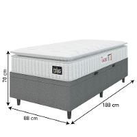 Cama Box Baú Colchão Solteiro Espuma D45 Lazio Pillow Top 88x188x70cm Branco-Cinza Hellen Suporta até 120kg por Pessoa