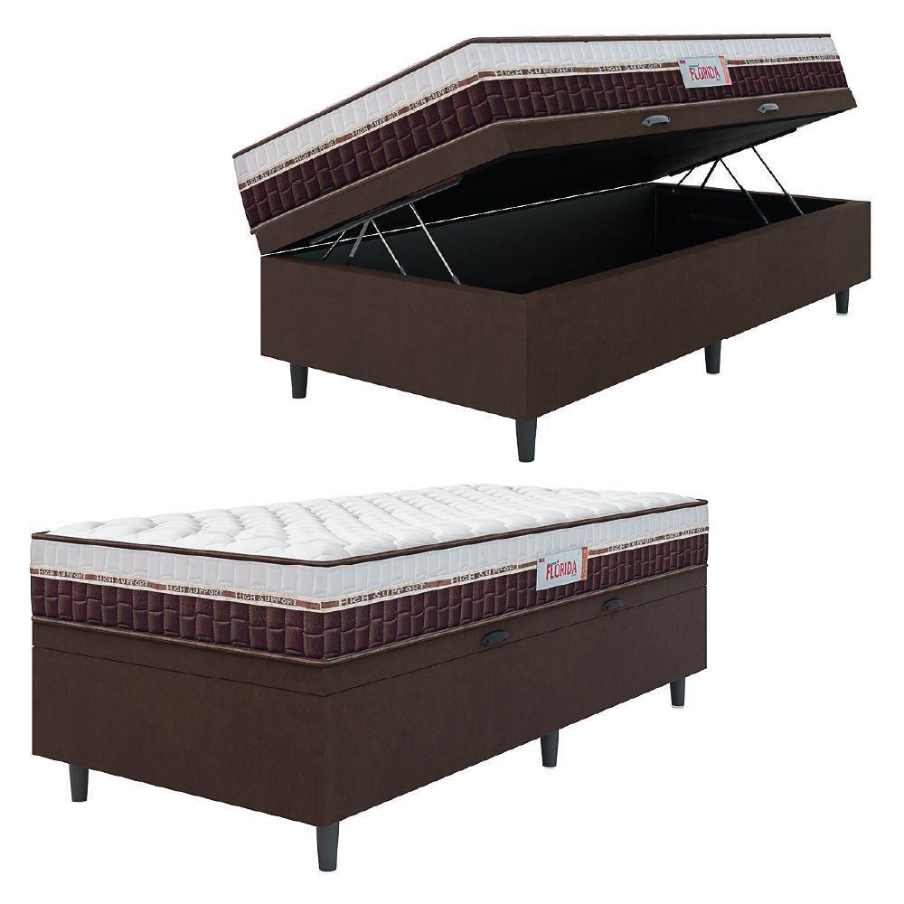 Cama Box Baú Colchão Solteiro Molas Ensacadas Florida 88x188x61cm Marrom-Branco Hellen Suporta até 110kg por Pessoa - 1