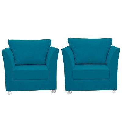 Kit 02 Poltronas Decorativa Para Sala E Quarto Lisboa Suede Azul Claro