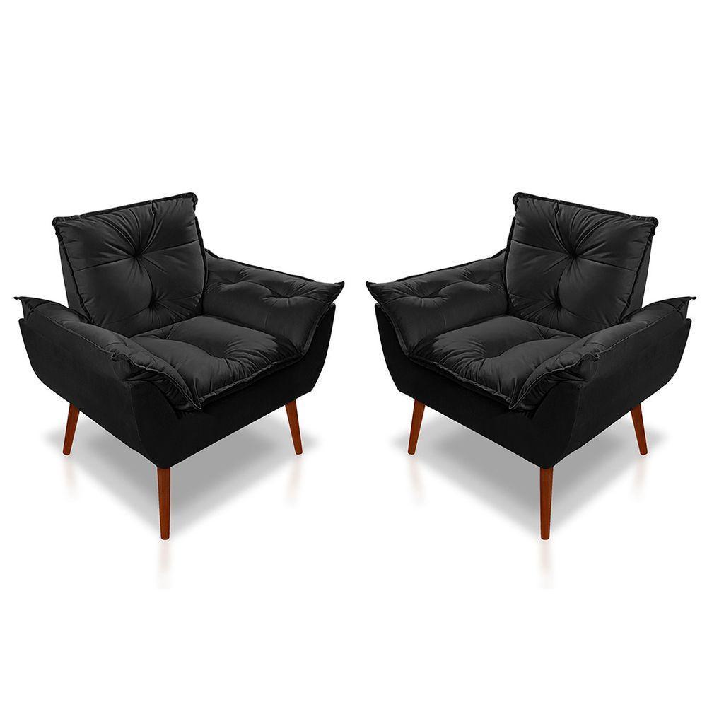 Kit 02 Poltrona Opala Sala Quarto Decorativa Suede Preto - 1