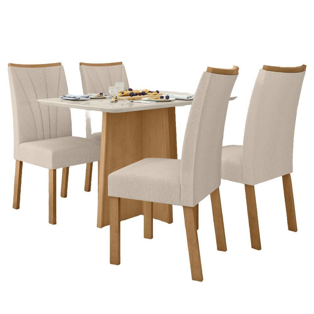 Conjunto Mesa De Jantar 1,20 Com Vidro E 4 Cadeiras Tecido Linho Bege Amendoa Clean-off White - 1
