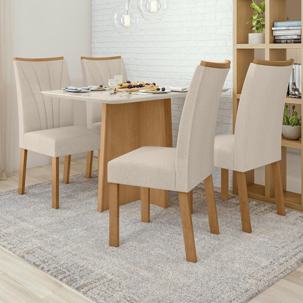 Conjunto Mesa De Jantar 1,20 Com Vidro E 4 Cadeiras Tecido Linho Bege Amendoa Clean-off White - 6