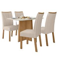Conjunto Mesa De Jantar 1,20 Com Vidro E 4 Cadeiras Tecido Linho Bege Amendoa Clean-off White - 1
